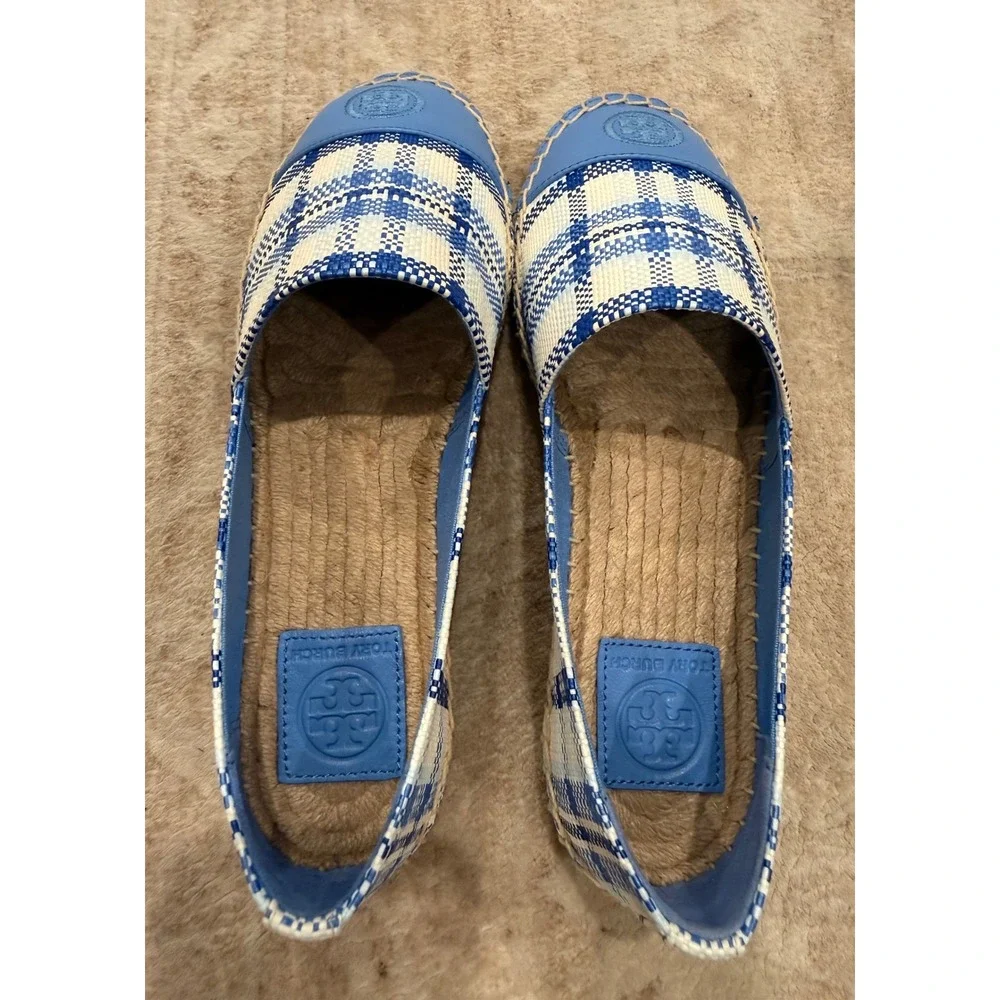 NWT Tory Burch Color Block Flat Espadrille Blue Check Plaid Chambray 7.5
